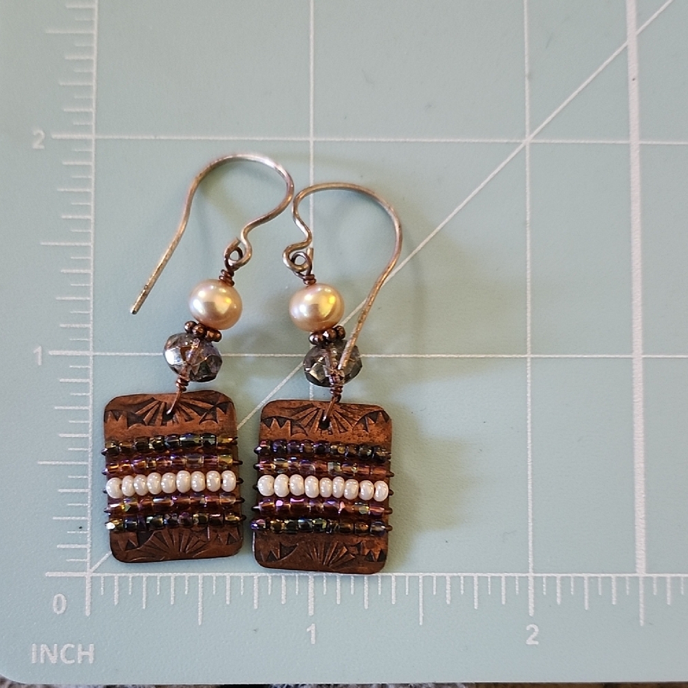 Ry home Artisan Hammered Copper And Crystal Pearl Bead Earrings